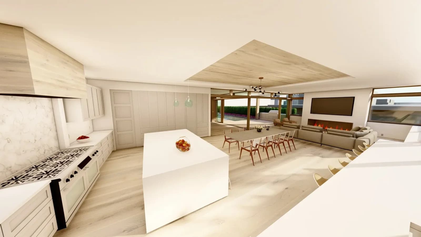 Open-plan kitchen with white waterfall island, dining area, and linear fireplace