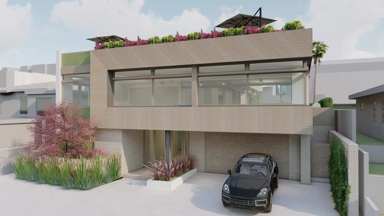 Rendering of a modern two-story home with ornamental grasses and a red ornamental tree